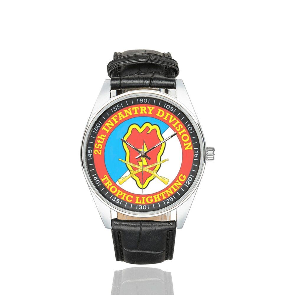 Men's casual watch with a round dial featuring the US Army 25th Infantry Division Veteran emblem, silver-tone case and black leather strap.