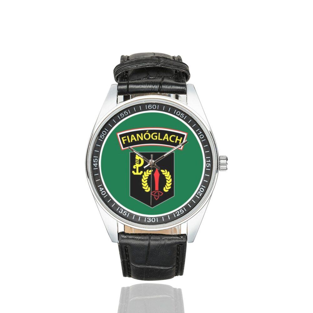 Men's casual watch with a round dial featuring the Irish Rangers emblem, silver-tone case and black leather strap.