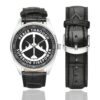 Men's casual watch with a round dial featuring the Peace Through Superior Firepower B52 Bomber emblem, silver-tone case and black leather strap, shown with the strap to the side.