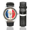 Men's casual watch with a round dial featuring the Opération Chammal emblem, silver-tone case and black leather strap, shown with the strap to the side.
