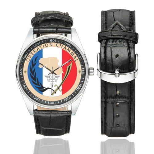Men's casual watch with a round dial featuring the Opération Chammal emblem, silver-tone case and black leather strap, shown with the strap to the side.