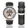Men's casual watch with a round dial featuring the C2NRBC emblem, silver-tone case and black leather strap, shown with the strap to the side.