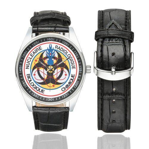 Men's casual watch with a round dial featuring the C2NRBC emblem, silver-tone case and black leather strap, shown with the strap to the side.