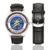 Men's casual watch with a round dial featuring the GPI Guadeloupe emblem, silver-tone case and black leather strap, shown with the strap to the side.
