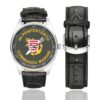 Men's casual watch with a round dial featuring the Commando Marine de Penfentenyo emblem, silver-tone case and black leather strap, shown with the strap to the side.