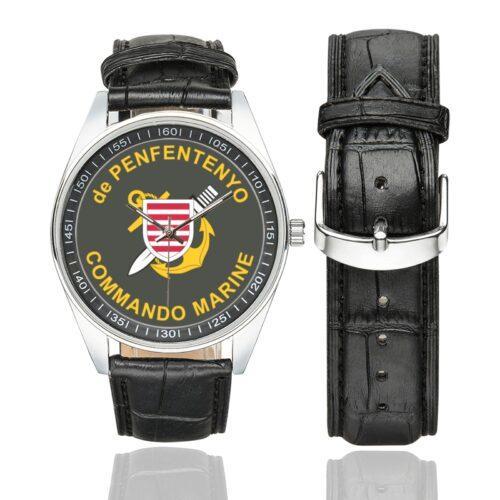 Men's casual watch with a round dial featuring the Commando Marine de Penfentenyo emblem, silver-tone case and black leather strap, shown with the strap to the side.