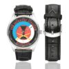 Men's casual watch with a round dial featuring the US Army 7th Infantry Division Veteran emblem, silver-tone case and black leather strap, shown with the strap to the side.