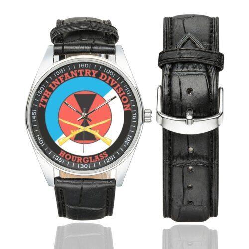 Men's casual watch with a round dial featuring the US Army 7th Infantry Division Veteran emblem, silver-tone case and black leather strap, shown with the strap to the side.