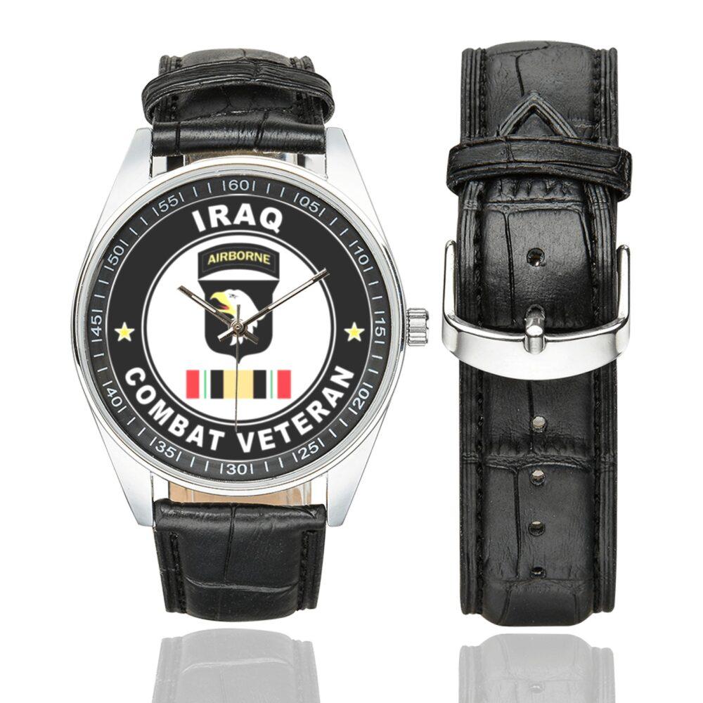 Men's casual watch with a round dial featuring the US Army 101st Airborne Division Combat Veteran emblem, silver-tone case and black leather strap, shown with the strap to the side.