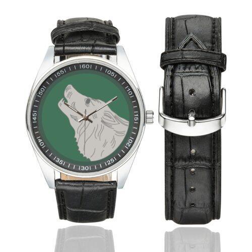 Men's casual watch with a round dial featuring the 104TrngDivLdrTrngSSI emblem, silver-tone case and black leather strap, shown with the strap to the side.