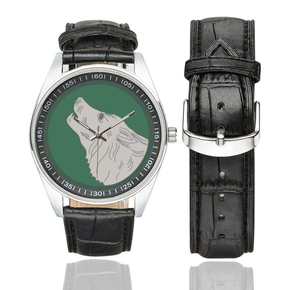Men's casual watch with a round dial featuring the 104TrngDivLdrTrngSSI emblem, silver-tone case and black leather strap, shown with the strap to the side.