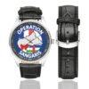 Men's casual watch with a round dial featuring the Opération Sangaris emblem, silver-tone case and black leather strap, shown with the strap to the side.