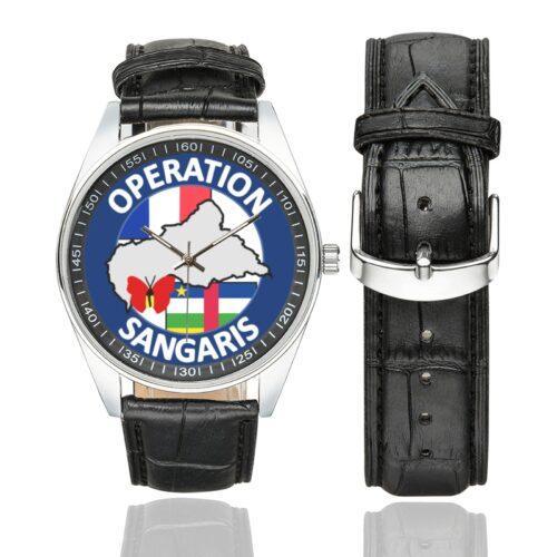 Men's casual watch with a round dial featuring the Opération Sangaris emblem, silver-tone case and black leather strap, shown with the strap to the side.