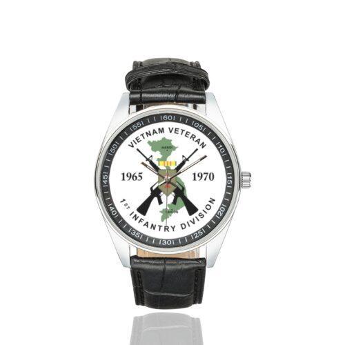 Men's casual watch with a round dial featuring the Vietnam Veteran Army 1st Infantry Division emblem, silver-tone case and black leather strap.