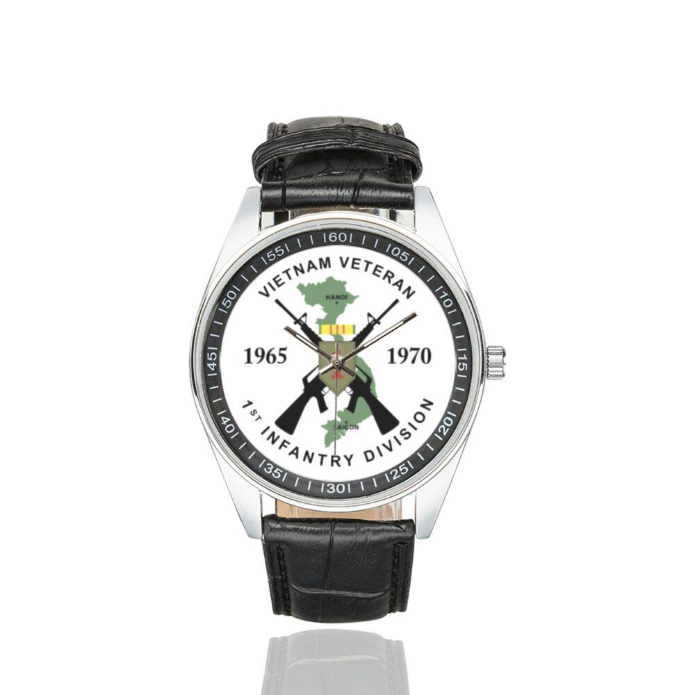 Men's casual watch with a round dial featuring the Vietnam Veteran Army 1st Infantry Division emblem, silver-tone case and black leather strap.