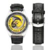 Men's casual watch with a round dial featuring the USAF 12th Fighter Squadron Dirty Dozen Eagle Driver emblem, silver-tone case and black leather strap, shown with the strap to the side.