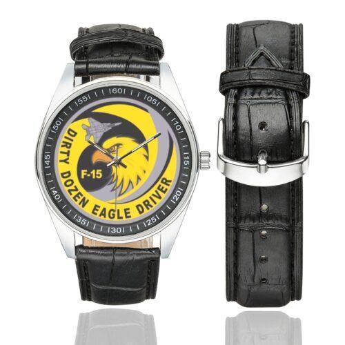 Men's casual watch with a round dial featuring the USAF 12th Fighter Squadron Dirty Dozen Eagle Driver emblem, silver-tone case and black leather strap, shown with the strap to the side.
