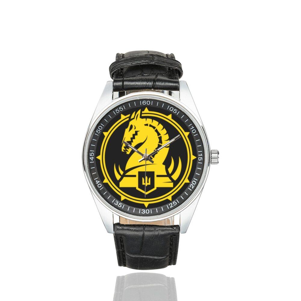 Men's casual watch with a round dial featuring the Ukraine 47th Mechanized Brigade Magura emblem, silver-tone case and black leather strap.