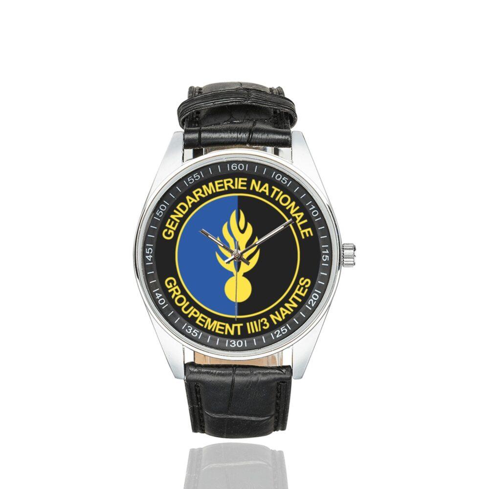 Men's casual watch with a round dial featuring the GGM 3-3 Nantes emblem, silver-tone case and black leather strap.