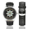 Men's casual watch with a round dial featuring the Irish Guards emblem, silver-tone case and black leather strap, shown with the strap to the side.