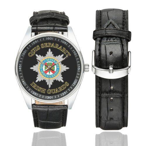 Men's casual watch with a round dial featuring the Irish Guards emblem, silver-tone case and black leather strap, shown with the strap to the side.