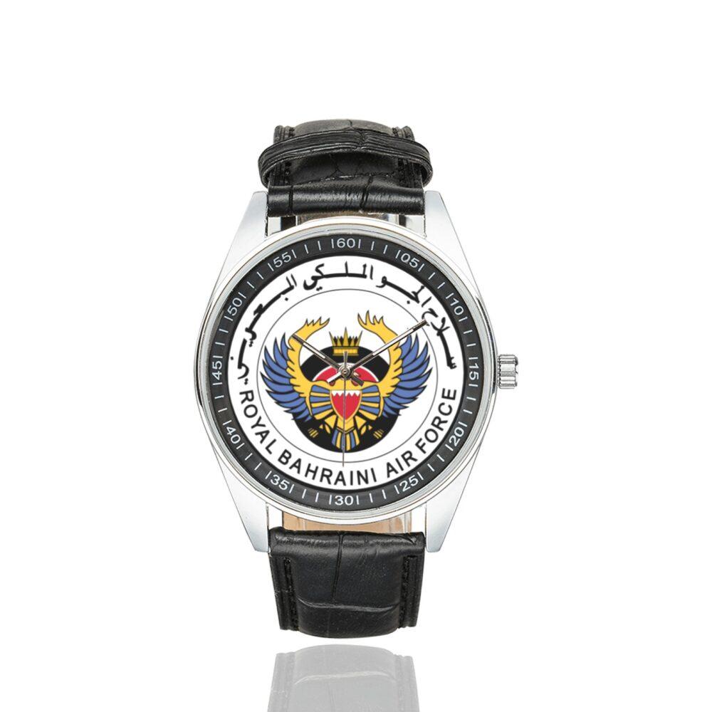 Men's casual watch with a round dial featuring the Royal Bahraini Air Force emblem, silver-tone case and black leather strap.