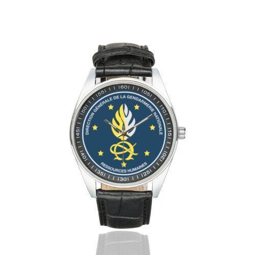 Men's casual watch with a round dial featuring the DGGN RH emblem, silver-tone case and black leather strap.