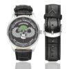 Men's casual watch with a round dial featuring the 10th Special Forces Group emblem, silver-tone case and black leather strap, shown with the strap to the side.