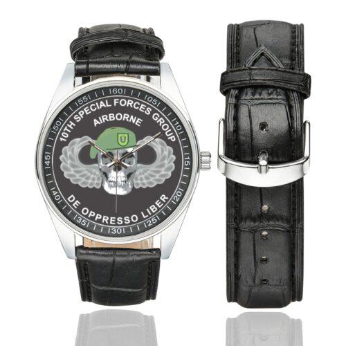 Men's casual watch with a round dial featuring the 10th Special Forces Group emblem, silver-tone case and black leather strap, shown with the strap to the side.