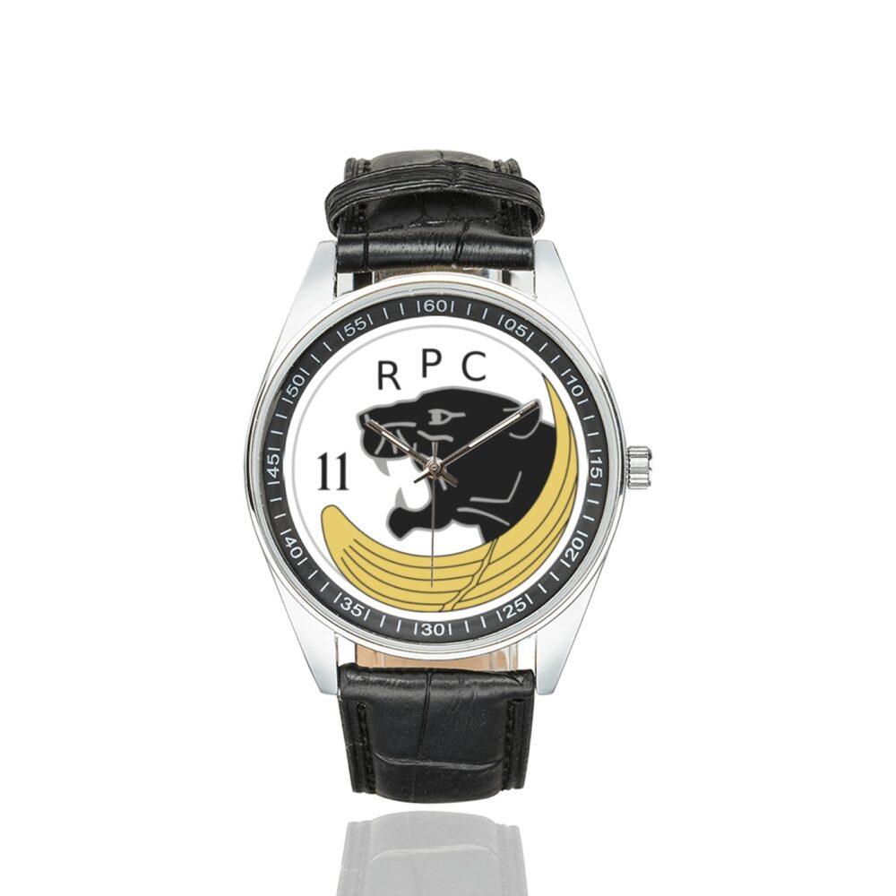 Men's casual watch with a round dial featuring the 11e régiment parachutiste de choc emblem, silver-tone case and black leather strap.