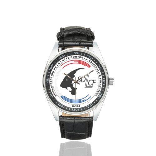 Men's casual watch with a round dial featuring the SDLCF emblem, silver-tone case and black leather strap.