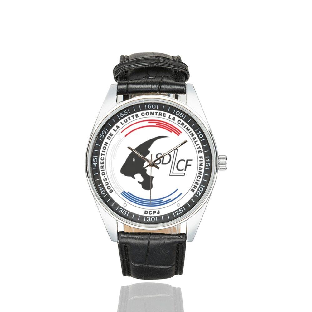 Men's casual watch with a round dial featuring the SDLCF emblem, silver-tone case and black leather strap.