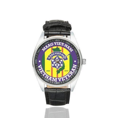 Men's casual watch with a round dial featuring the US Army MAAG Vietnam Veteran emblem, silver-tone case and black leather strap.