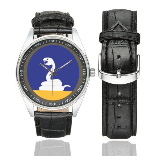 Men's casual watch with a round dial featuring the 59 INF DIV SSI emblem, silver-tone case and black leather strap, shown with the strap to the side.