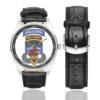 Men's casual watch with a round dial featuring the US Army Airborne Pathfinder Recondo emblem, silver-tone case and black leather strap, shown with the strap to the side.