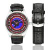 Men's casual watch with a round dial featuring the XF-70 Panthers Joint Interceptor Fighter emblem, silver-tone case and black leather strap, shown with the strap to the side.