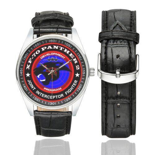 Men's casual watch with a round dial featuring the XF-70 Panthers Joint Interceptor Fighter emblem, silver-tone case and black leather strap, shown with the strap to the side.