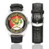 Men's casual watch with a round dial featuring the US Army 3rd Cavalry Regiment emblem, silver-tone case and black leather strap, shown with the strap to the side.