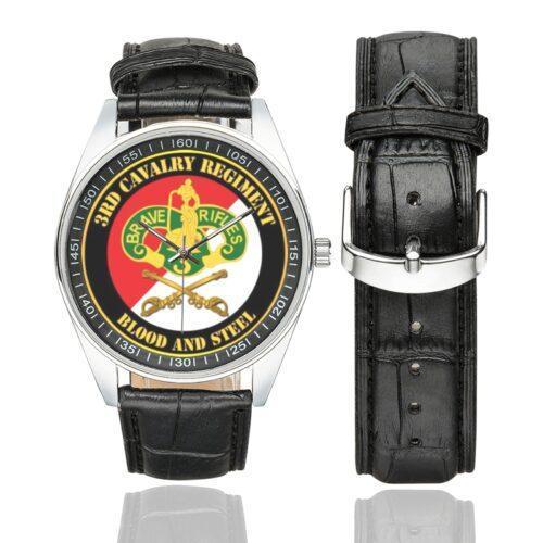 Men's casual watch with a round dial featuring the US Army 3rd Cavalry Regiment emblem, silver-tone case and black leather strap, shown with the strap to the side.
