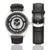 Men's casual watch with a round dial featuring the TACP emblem, silver-tone case and black leather strap, shown with the strap to the side.
