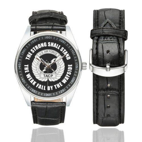 Men's casual watch with a round dial featuring the TACP emblem, silver-tone case and black leather strap, shown with the strap to the side.