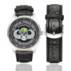 Men's casual watch with a round dial featuring the 1st-special-forces emblem, silver-tone case and black leather strap, shown with the strap to the side.