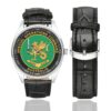 Men's casual watch with a round dial featuring the Australian Special Operations Command emblem, silver-tone case and black leather strap, shown with the strap to the side.