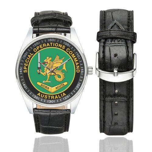 Men's casual watch with a round dial featuring the Australian Special Operations Command emblem, silver-tone case and black leather strap, shown with the strap to the side.