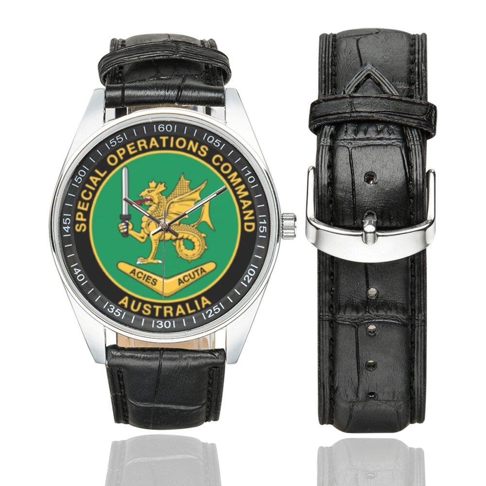 Men's casual watch with a round dial featuring the Australian Special Operations Command emblem, silver-tone case and black leather strap, shown with the strap to the side.