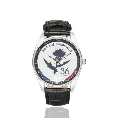 Men's casual watch with a round dial featuring the Brigade Criminelle 36 emblem, silver-tone case and black leather strap.
