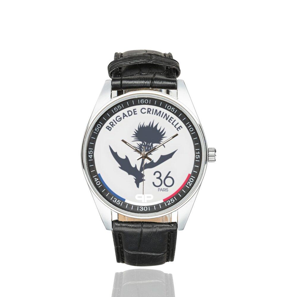 Men's casual watch with a round dial featuring the Brigade Criminelle 36 emblem, silver-tone case and black leather strap.