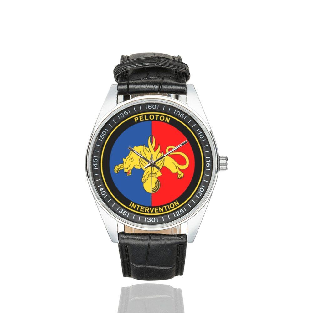 Men's casual watch with a round dial featuring the PI emblem, silver-tone case and black leather strap.