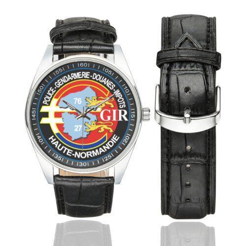 Men's casual watch with a round dial featuring the GIR Haute-Normandie emblem, silver-tone case and black leather strap, shown with the strap to the side.