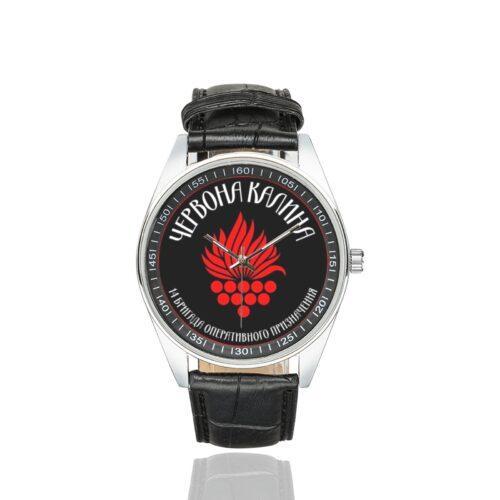 Men's casual watch with a round dial featuring the Ukraine Chervona kalyna brigade emblem, silver-tone case and black leather strap.